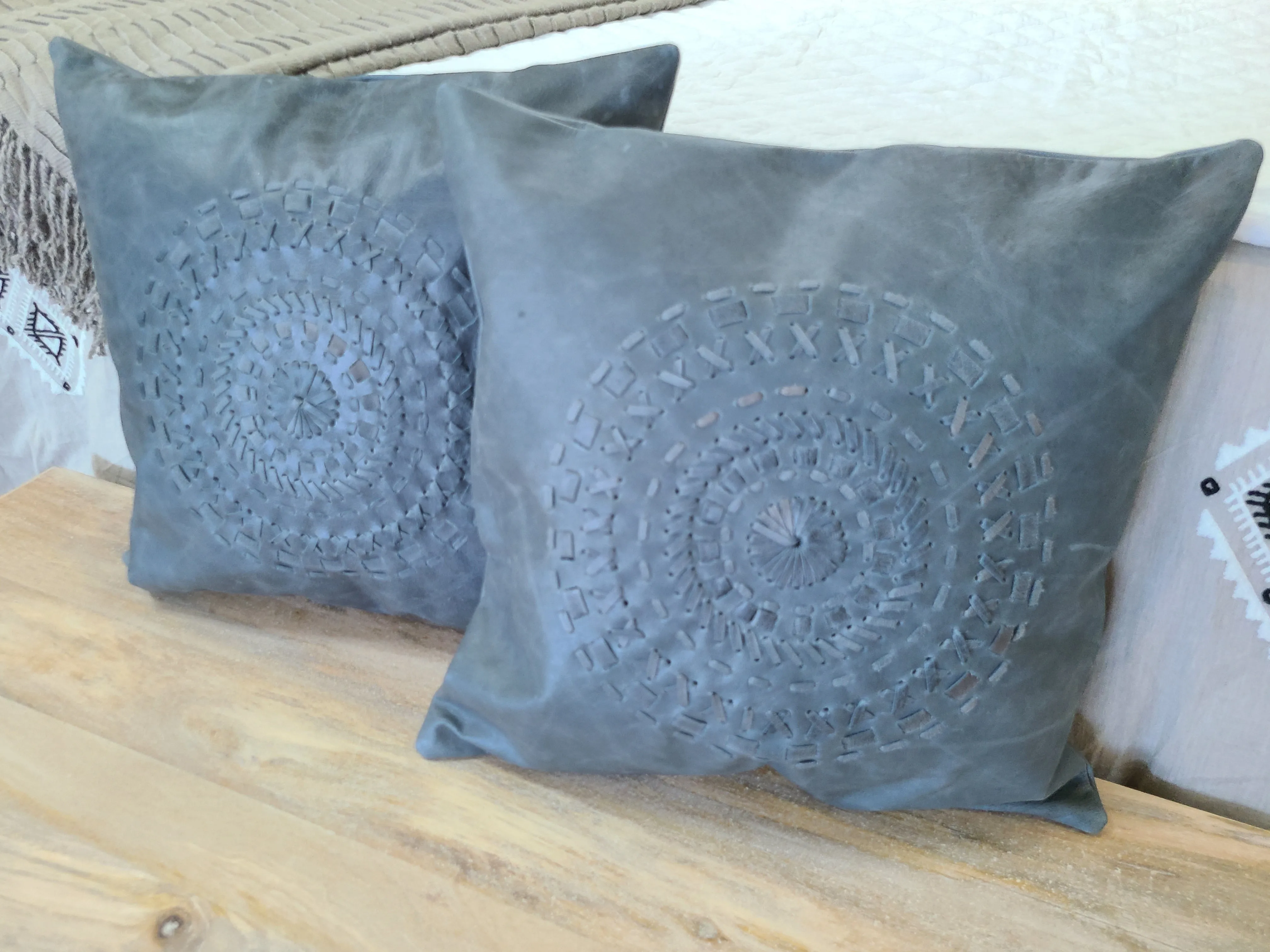 100% Leather Blue Grey Mandala Throw Pillow Cover - 18 x 18