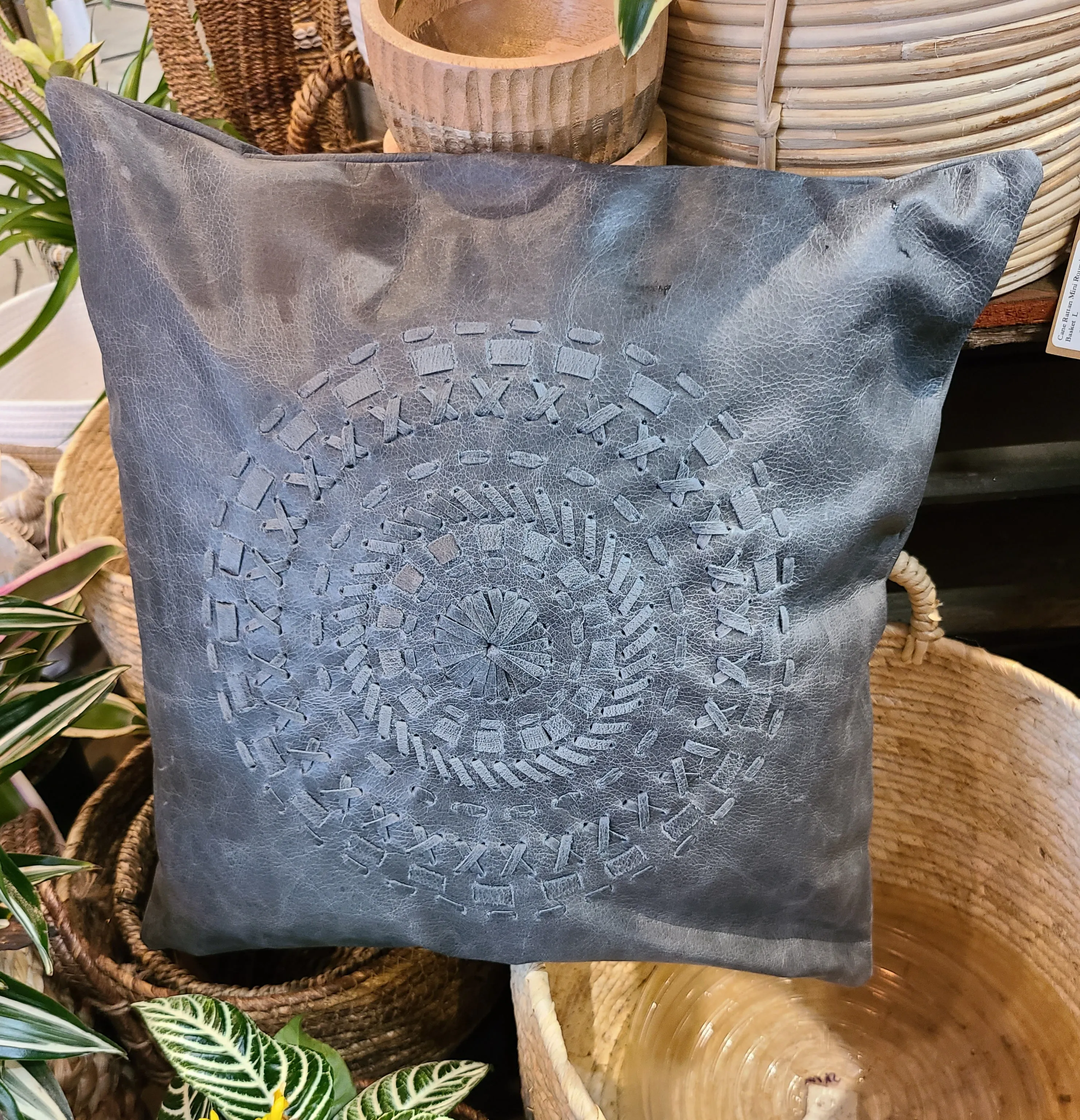 100% Leather Blue Grey Mandala Throw Pillow Cover - 18 x 18