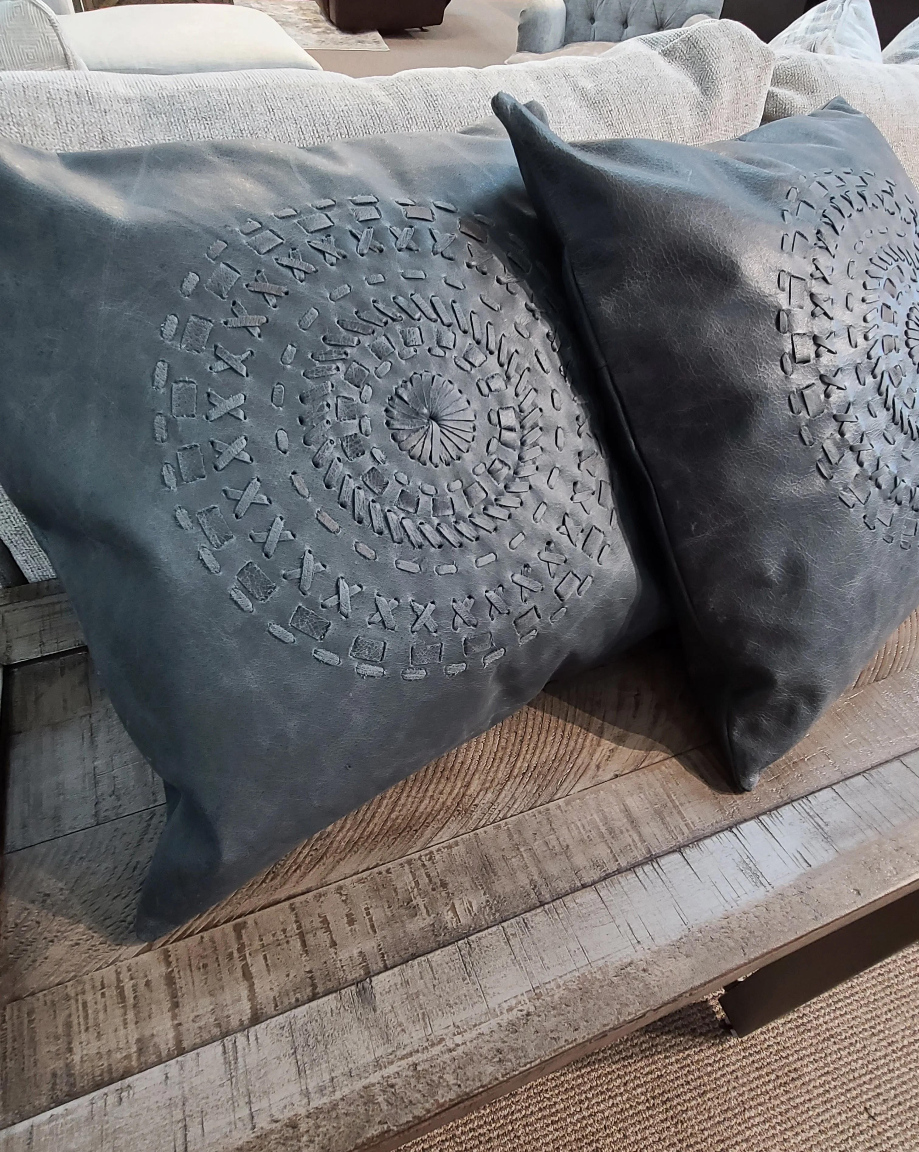 100% Leather Blue Grey Mandala Throw Pillow Cover - 18 x 18