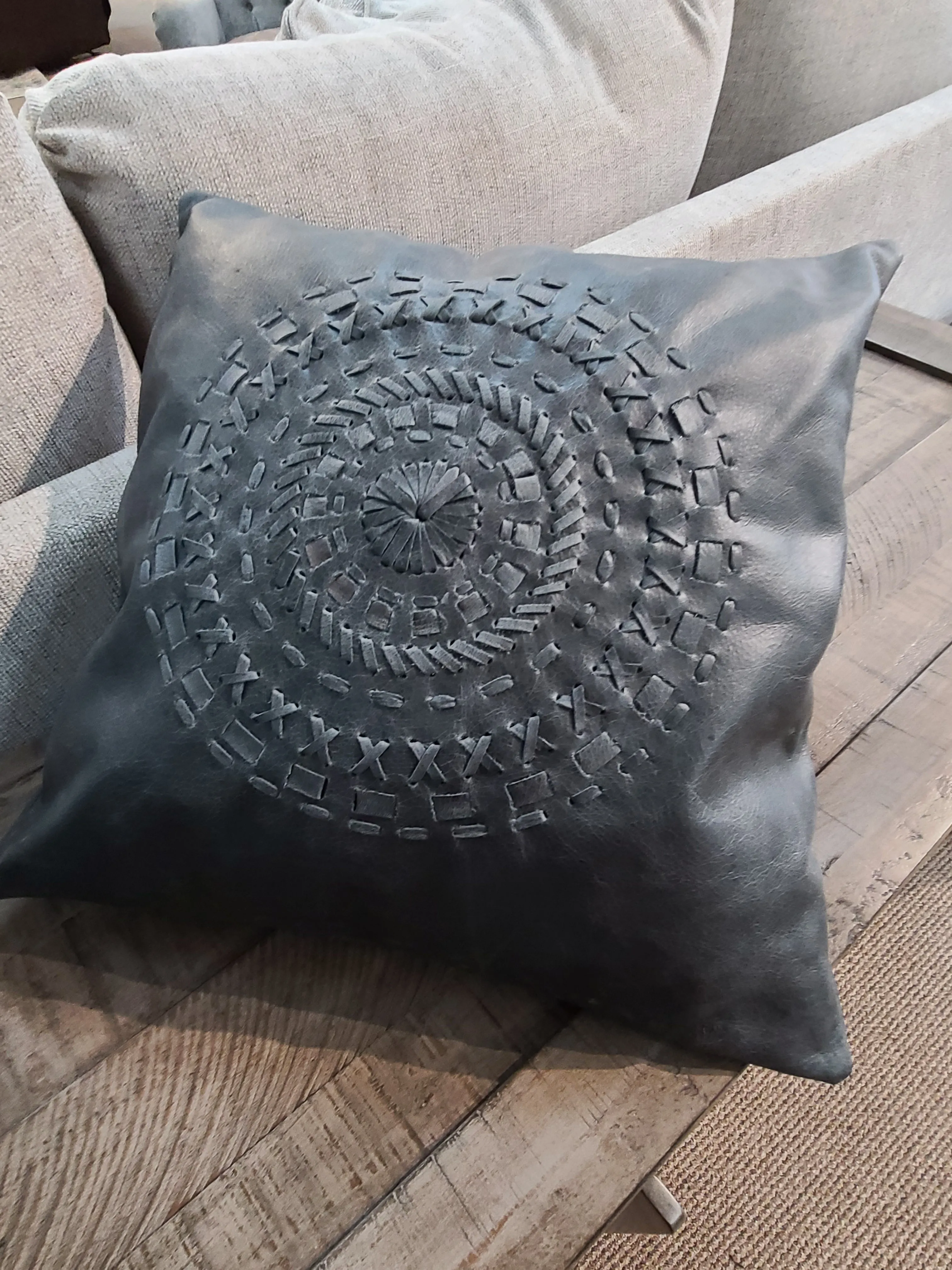 100% Leather Blue Grey Mandala Throw Pillow Cover - 18 x 18