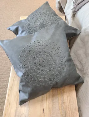 100% Leather Blue Grey Mandala Throw Pillow Cover - 18 x 18