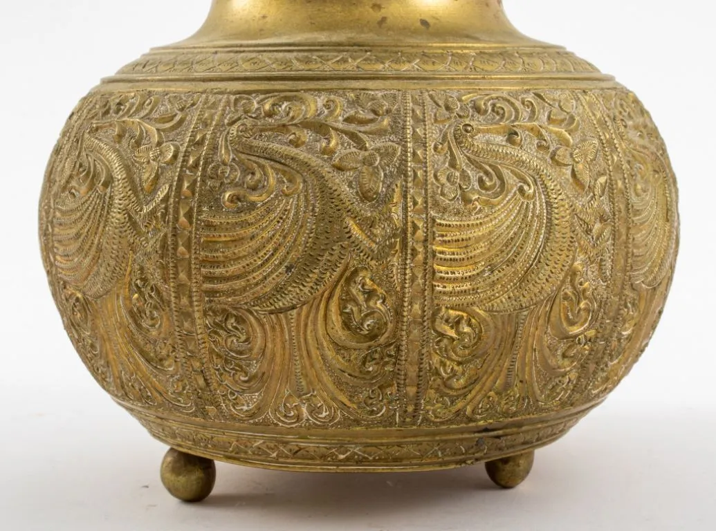 Asian Hand-Chased Brass Vessel with Crane Motif