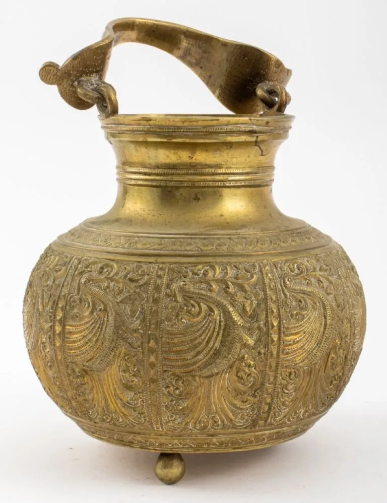 Asian Hand-Chased Brass Vessel with Crane Motif