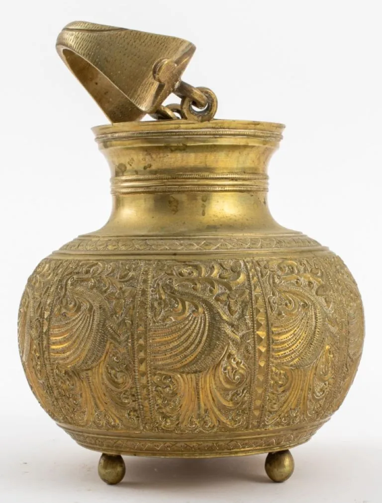 Asian Hand-Chased Brass Vessel with Crane Motif