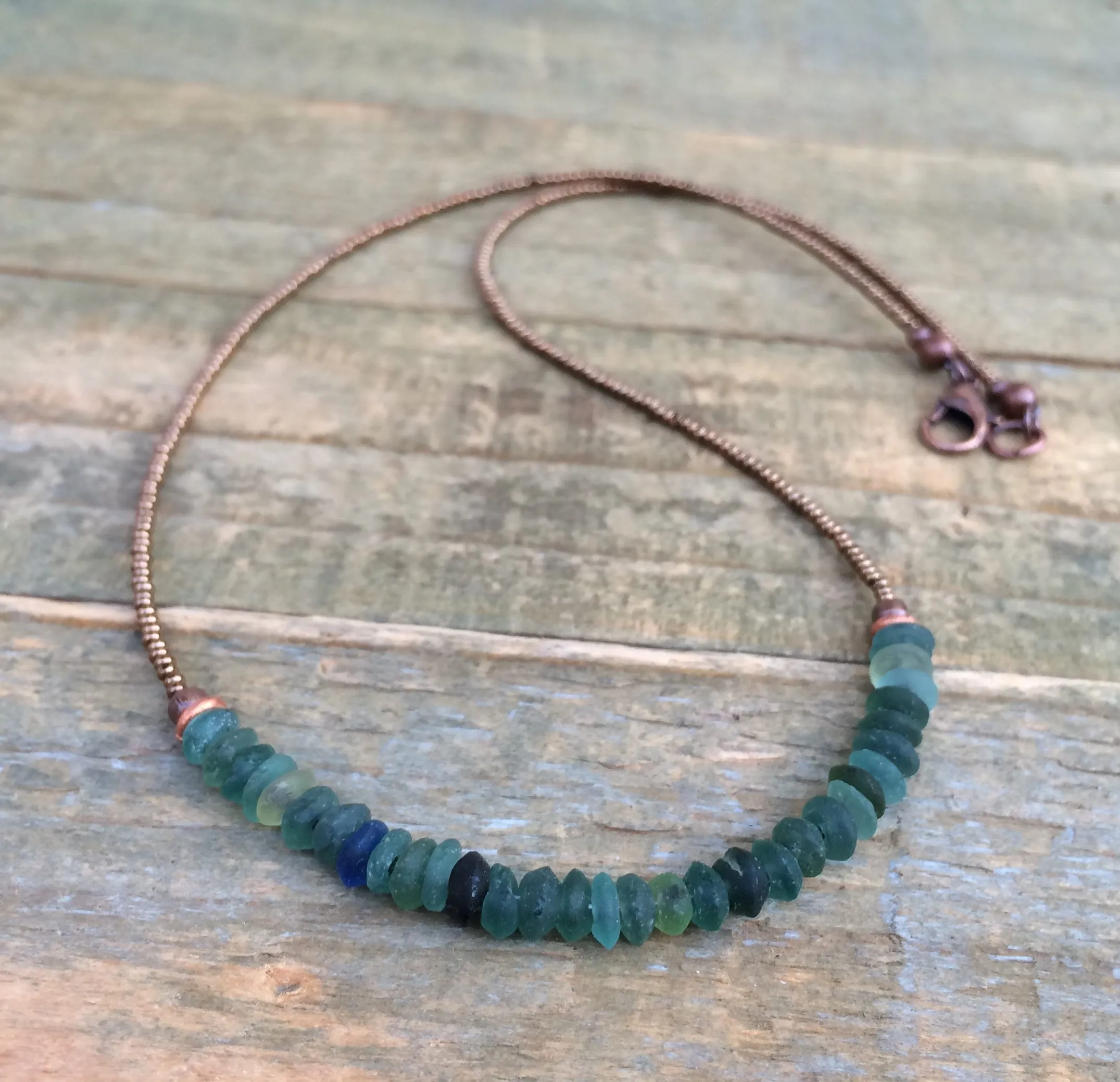 Blue Green Roman Glass Beaded Necklace with Copper Accents