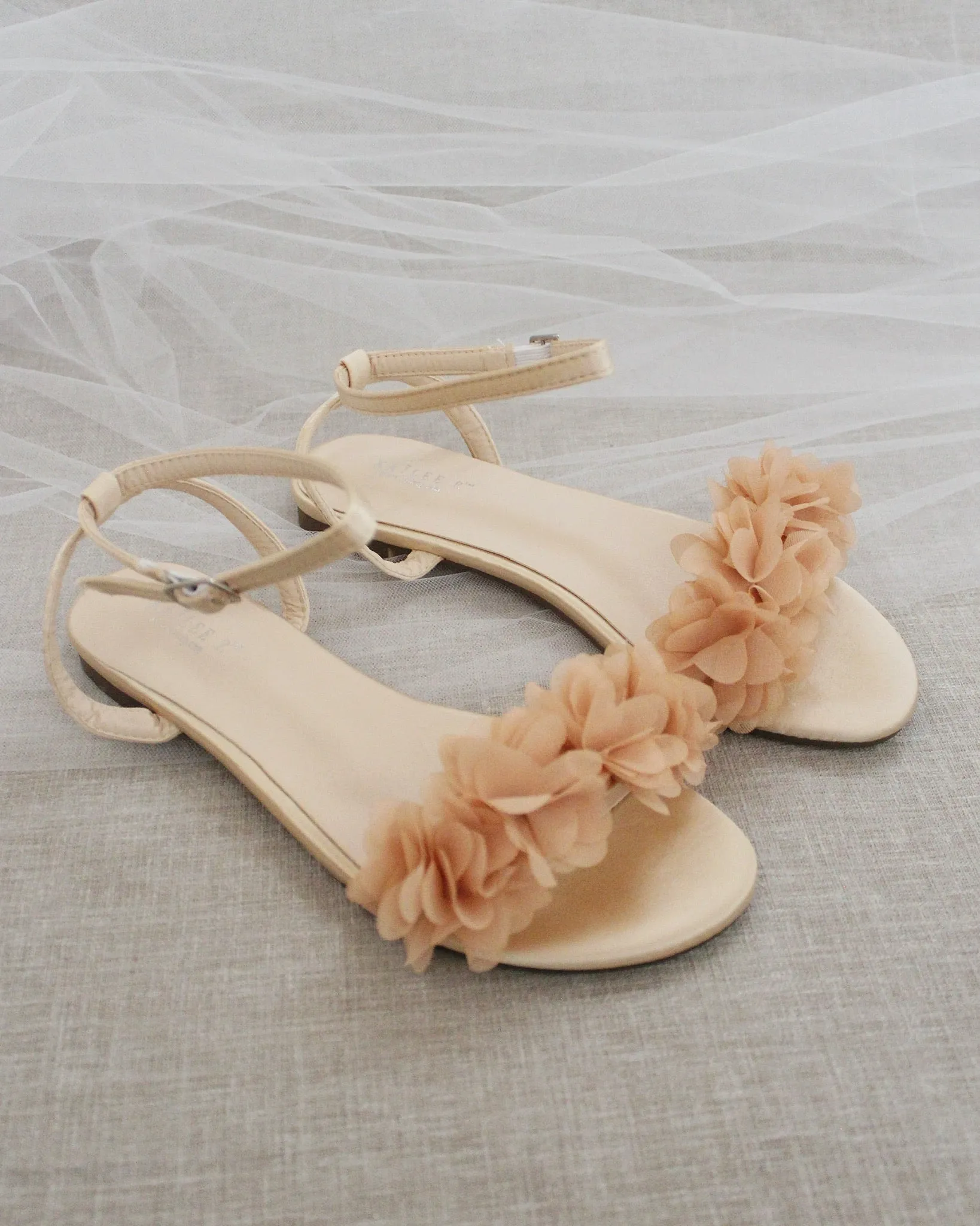 Champagne Satin Flat Sandal with Chiffon Flowers and Ankle Strap