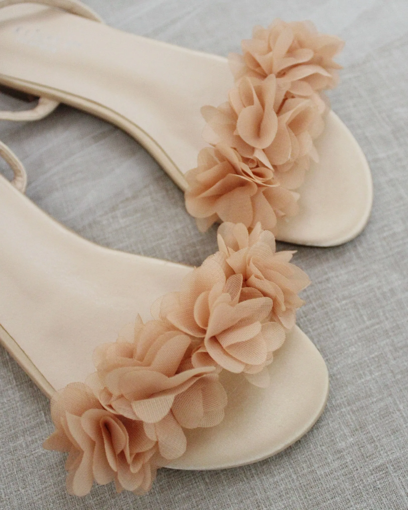 Champagne Satin Flat Sandal with Chiffon Flowers and Ankle Strap