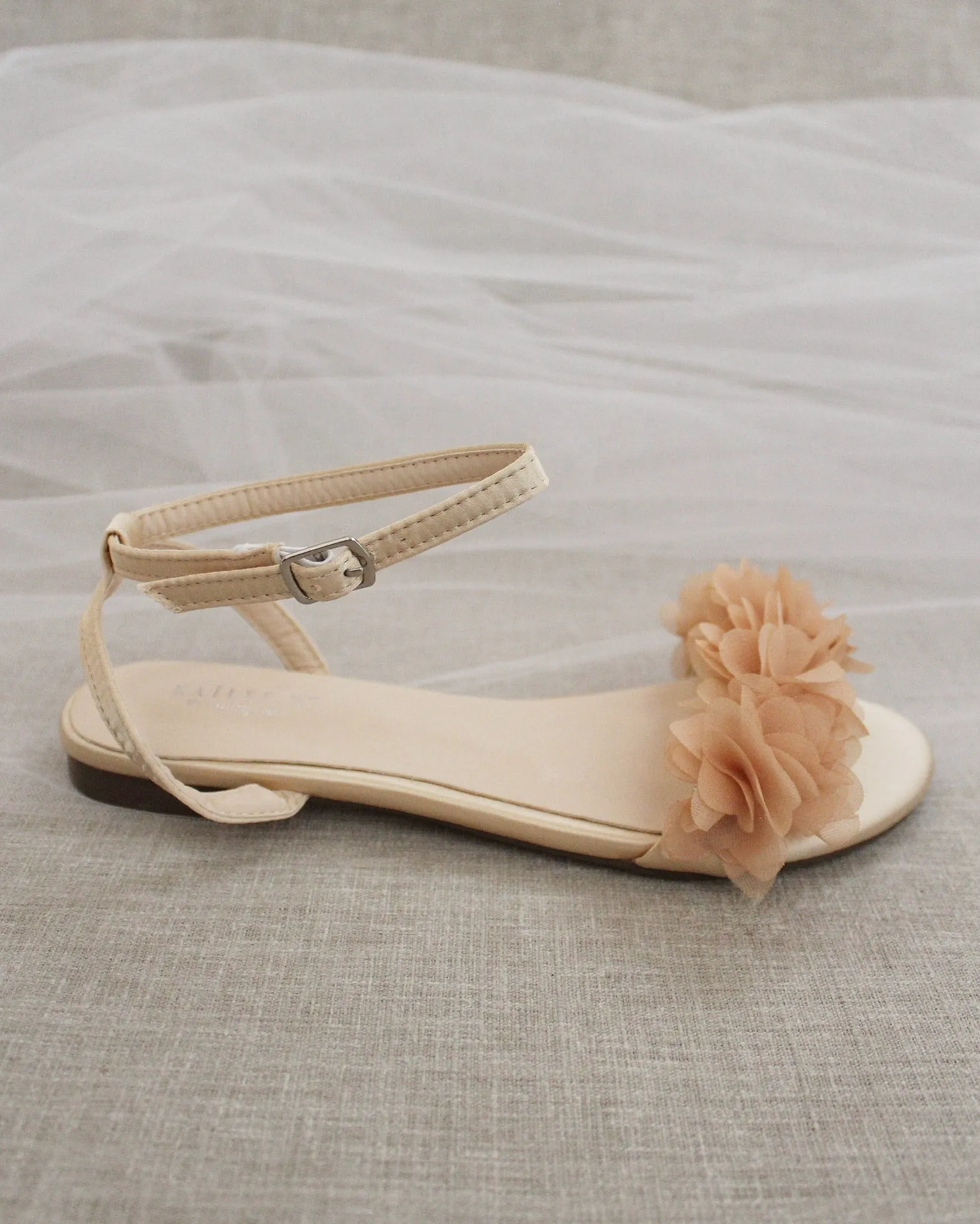 Champagne Satin Flat Sandal with Chiffon Flowers and Ankle Strap