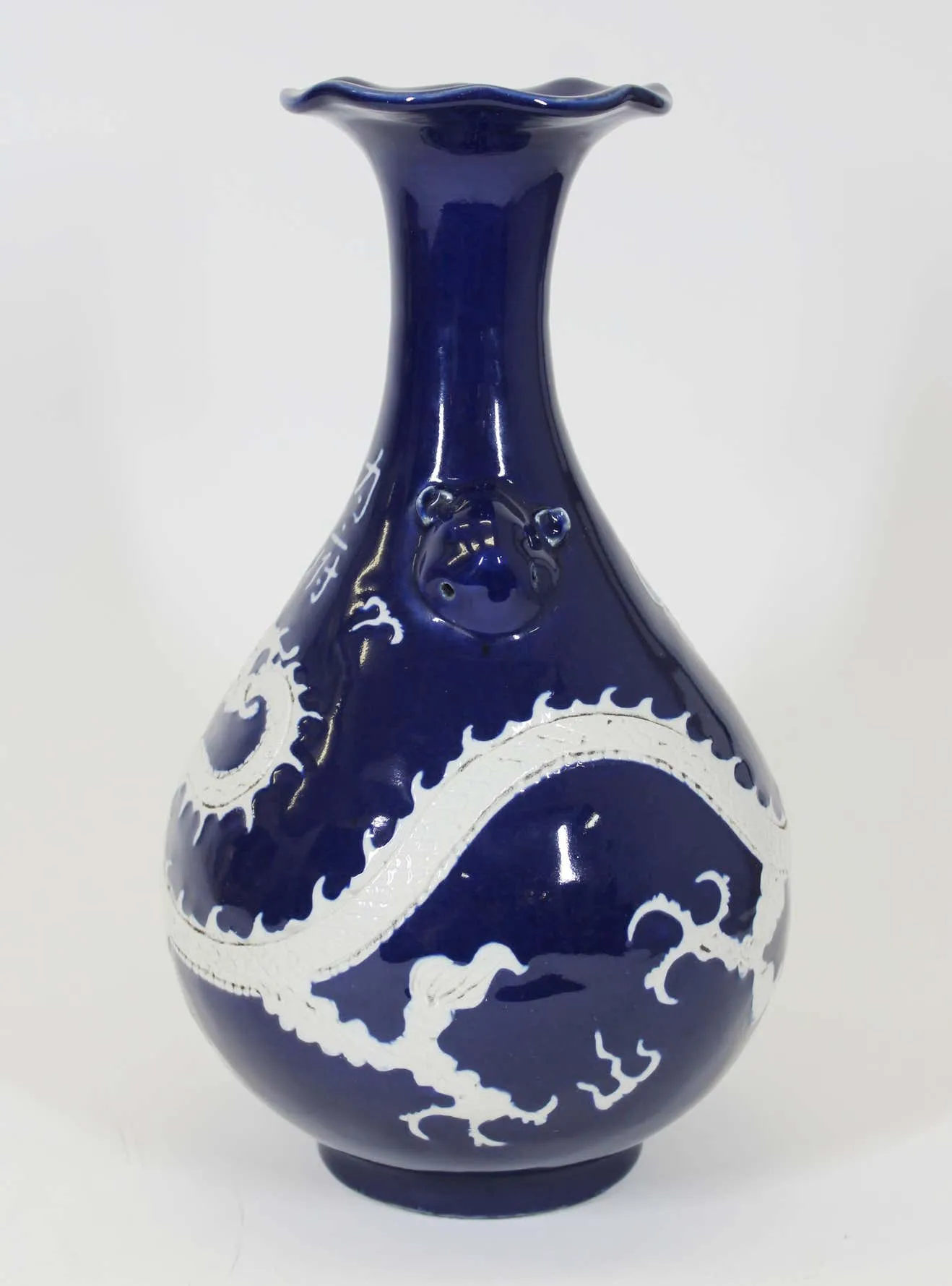 Chinese Qing Cobalt Blue and White Porcelain Vase with Dragon Motif