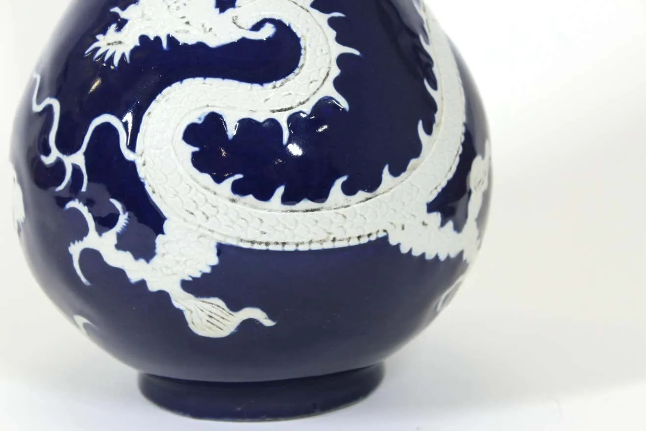 Chinese Qing Cobalt Blue and White Porcelain Vase with Dragon Motif