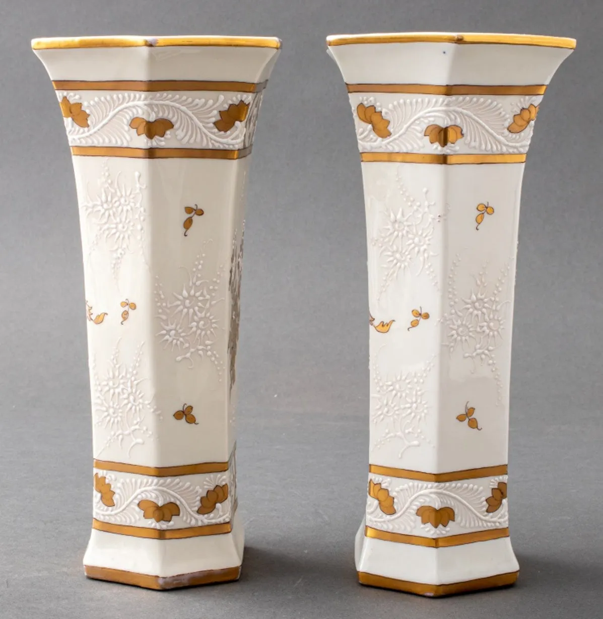 French Cisele Gilt & White Enameled Ceramic Vases