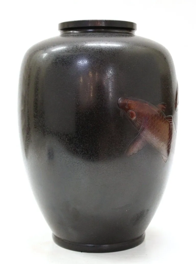 Japanese Art Deco Bronze Vase with Carp Motif