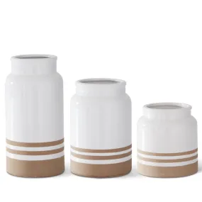 Large White and Tan Stripes Ceramic Vase - 8.75 Inch