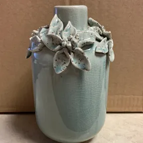 Light Blue Ceramic Vase with Raised Flowers