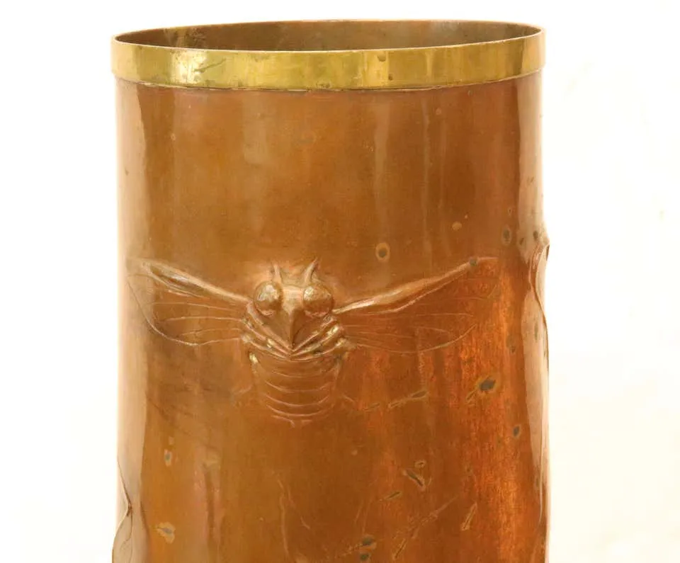 Ludwig Vierthaler German Jugendstil Lizard & Dragonfly Repousse Copper Vase