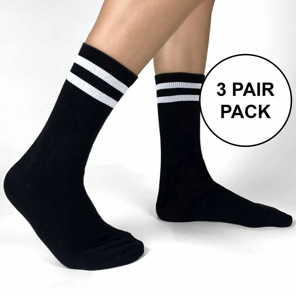 Medium - Basic Striped Crew Socks in Black or White - 3 Pack