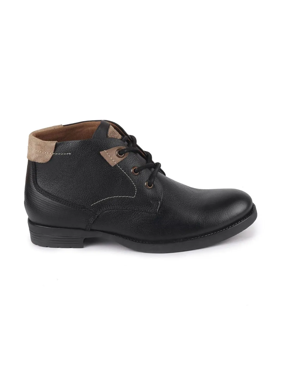 Men Black Leather Lace Up Flat Boots