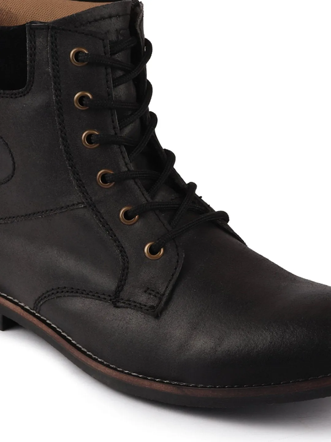 Men Black Mid Top Lace Up Leather Boots