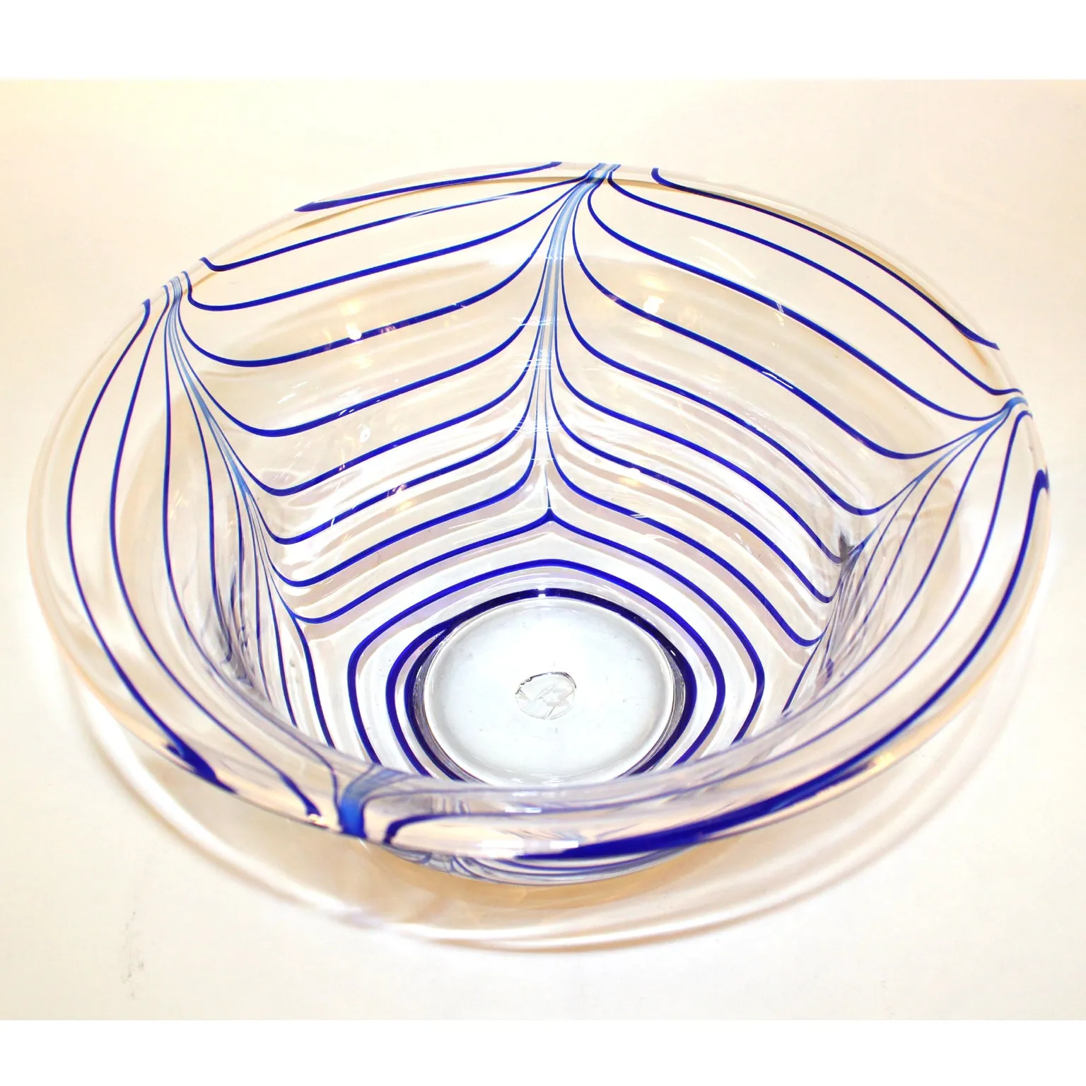 Mid-Century  Italian Clear Glass Bowl with Blue Stripes