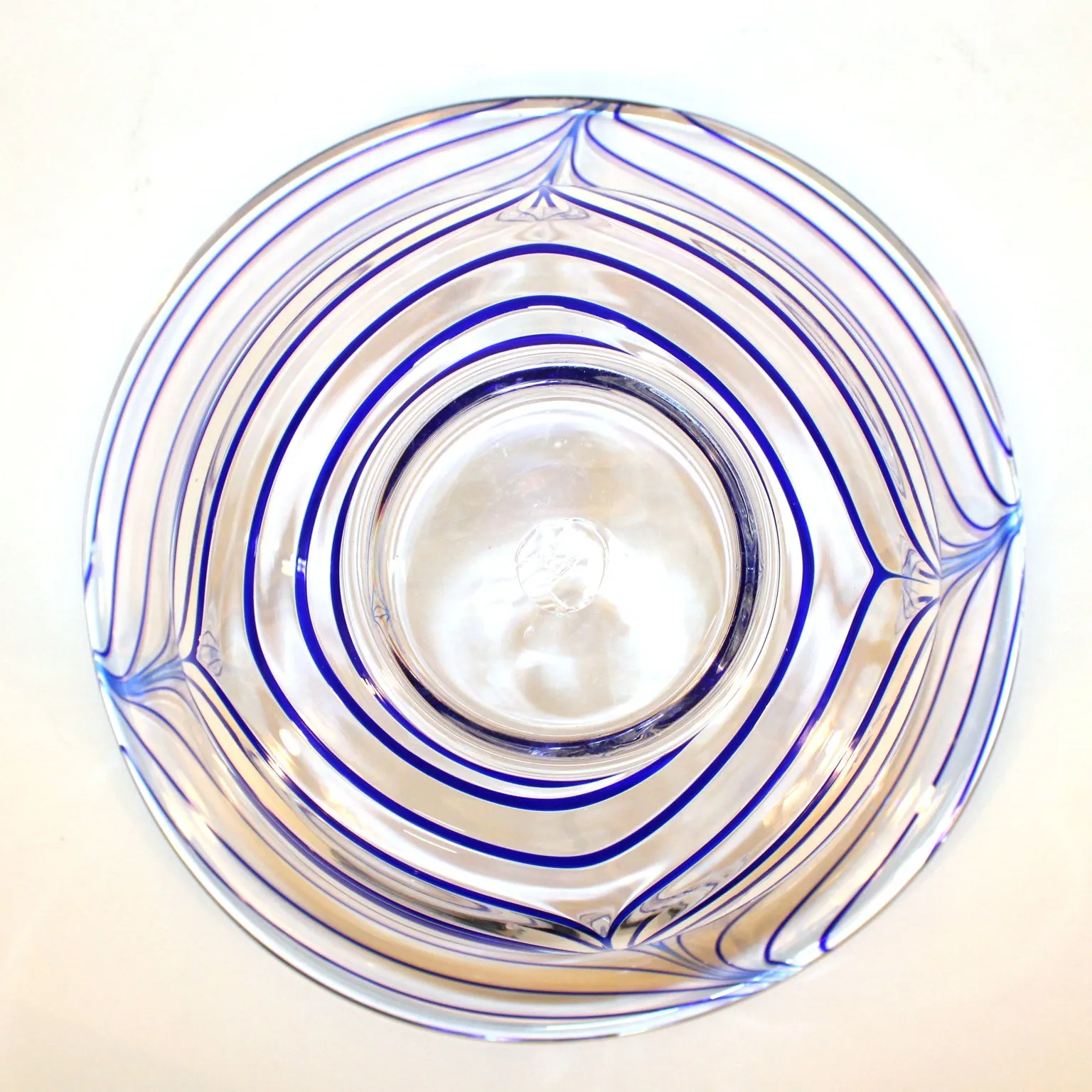 Mid-Century  Italian Clear Glass Bowl with Blue Stripes