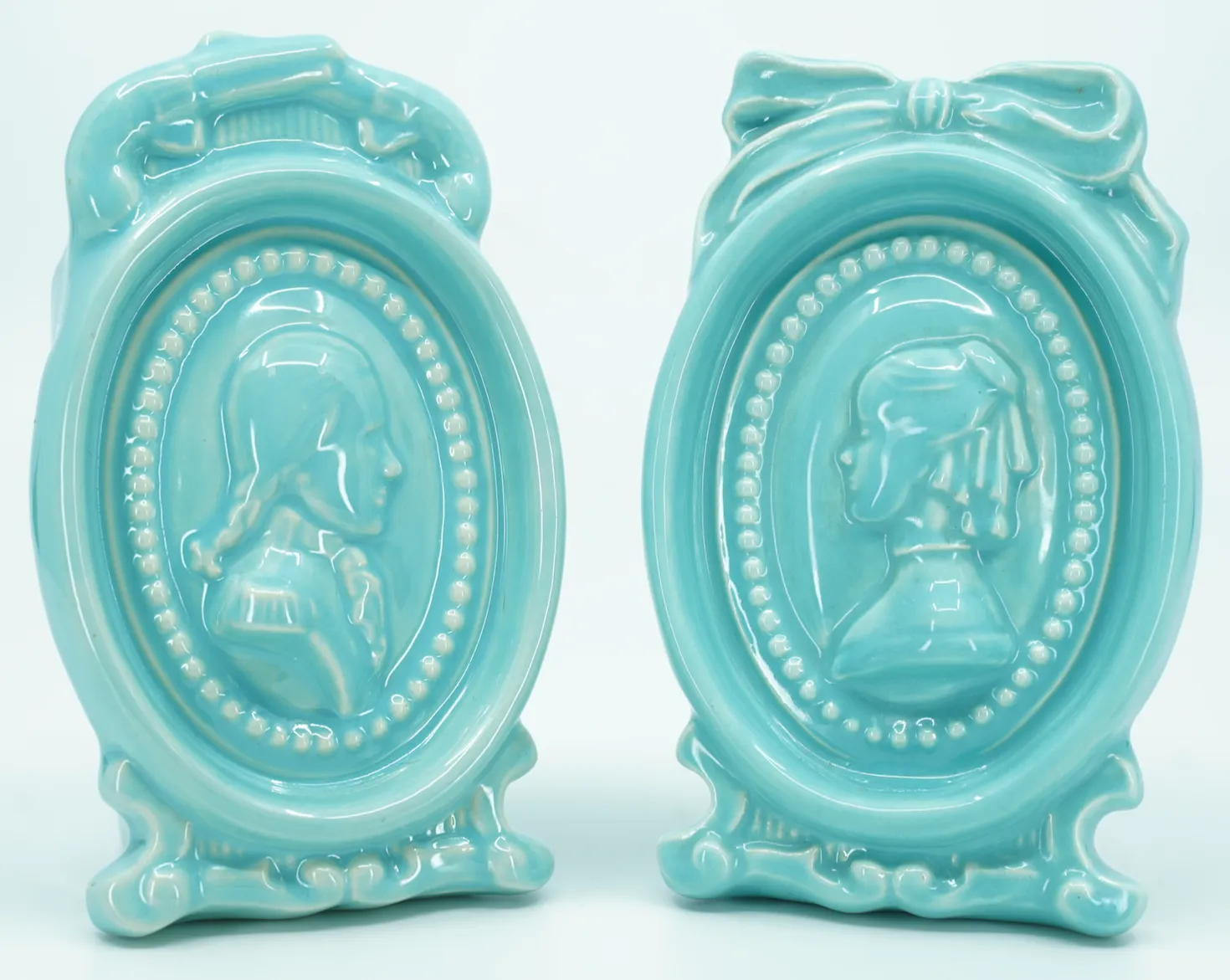 Vintage Pacific Pottery Pair Aqua Blue Cameo Planter or Vase