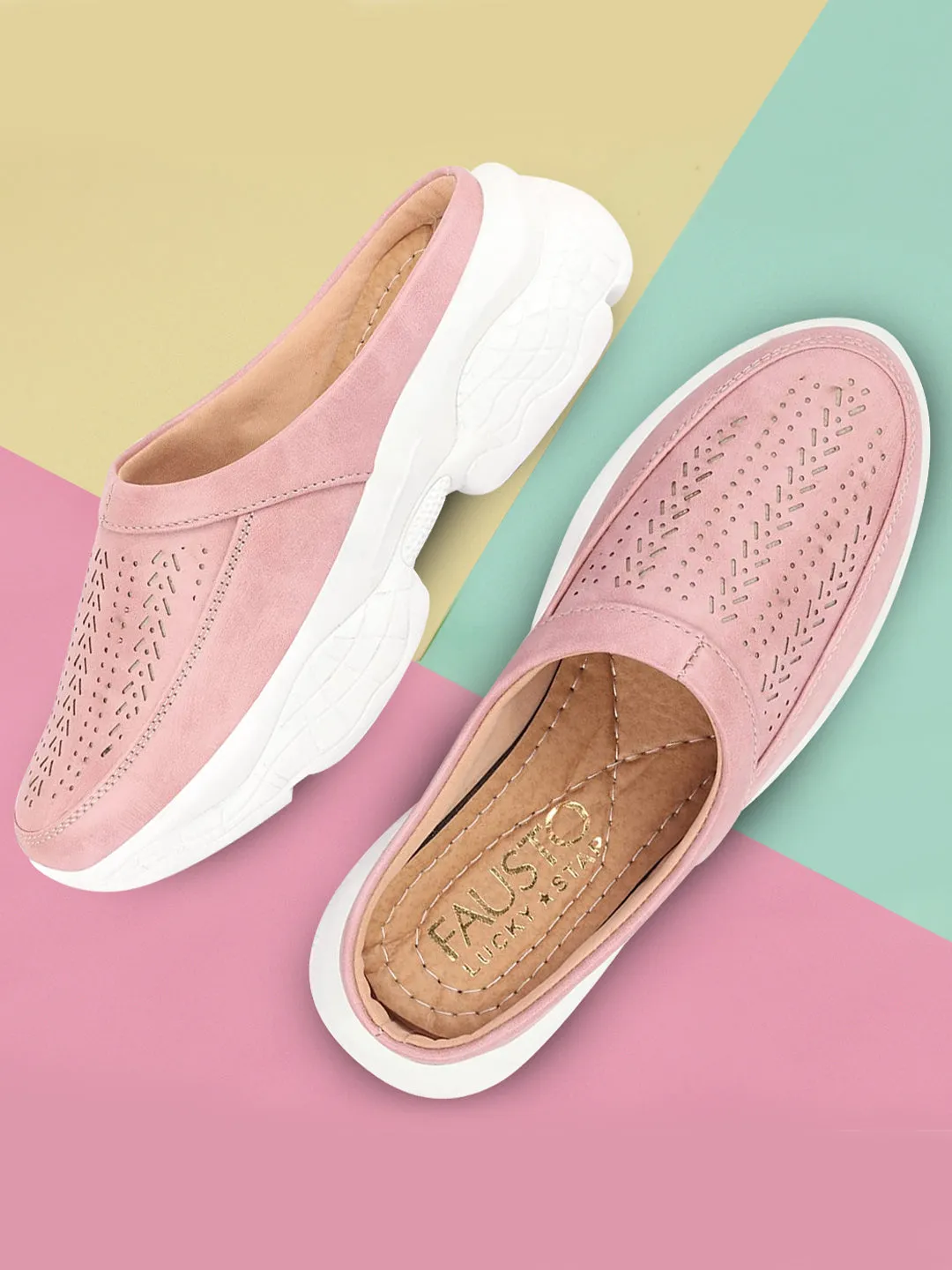 Women Pink Laser Cut Design Stitched Back Open Slip On Mules Shoes