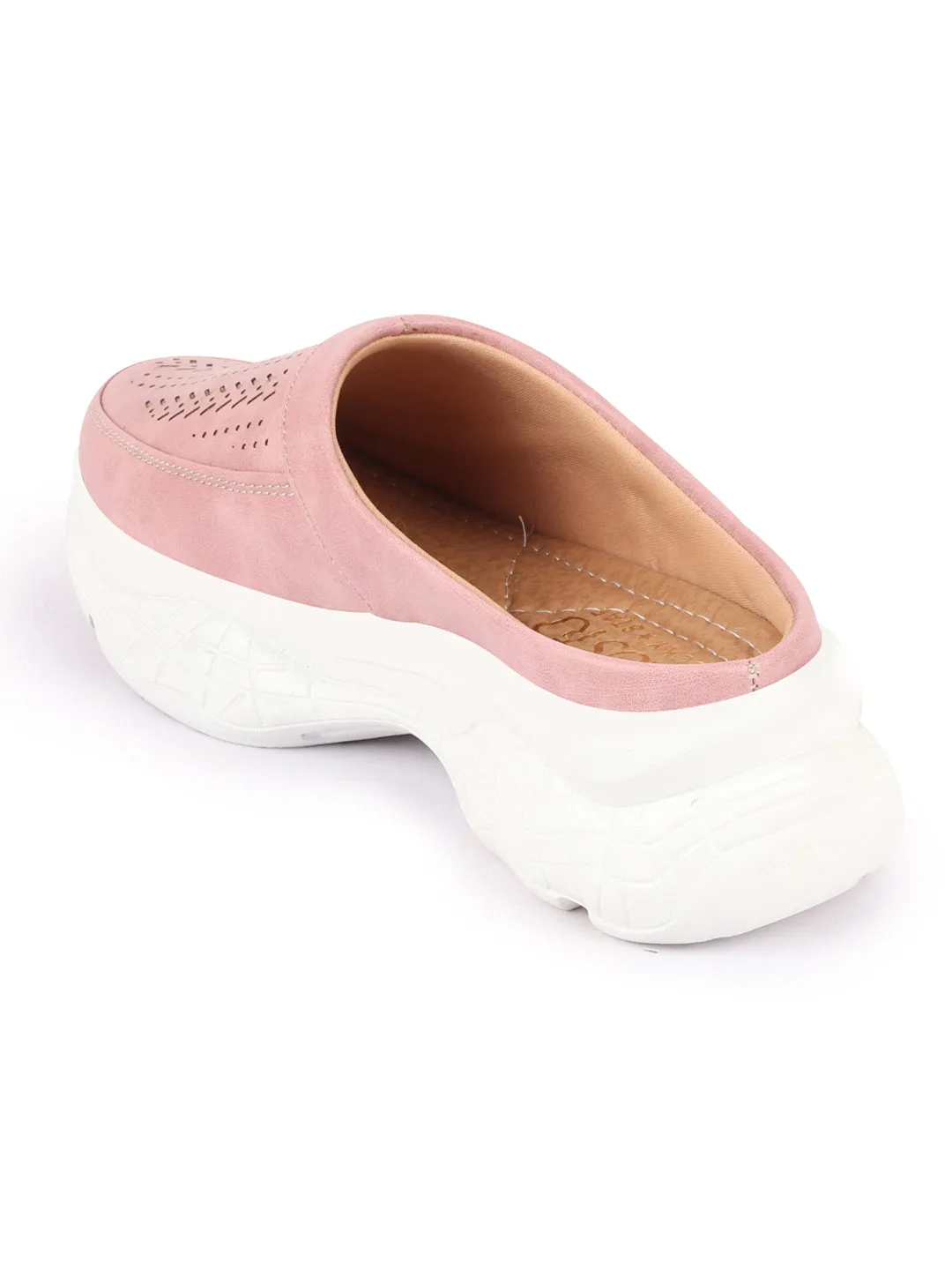 Women Pink Laser Cut Design Stitched Back Open Slip On Mules Shoes