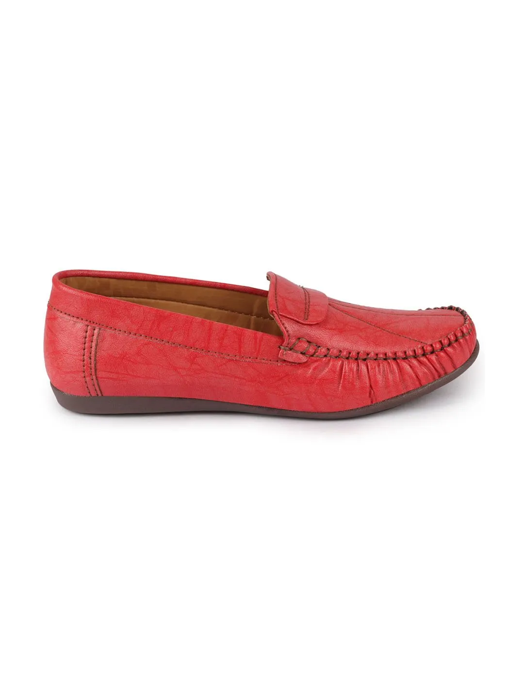 Women Red Stitched Slip On Loafers