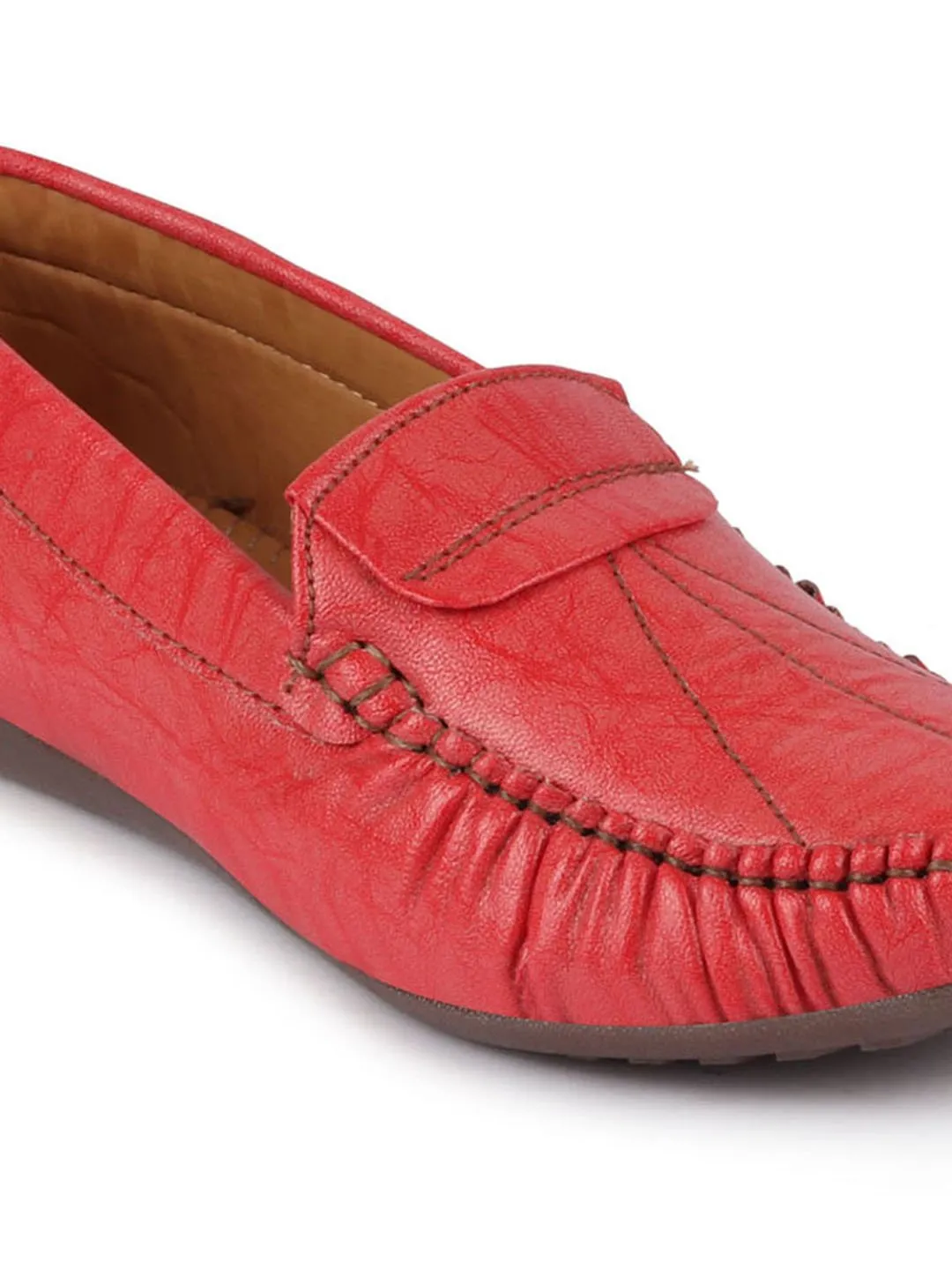 Women Red Stitched Slip On Loafers