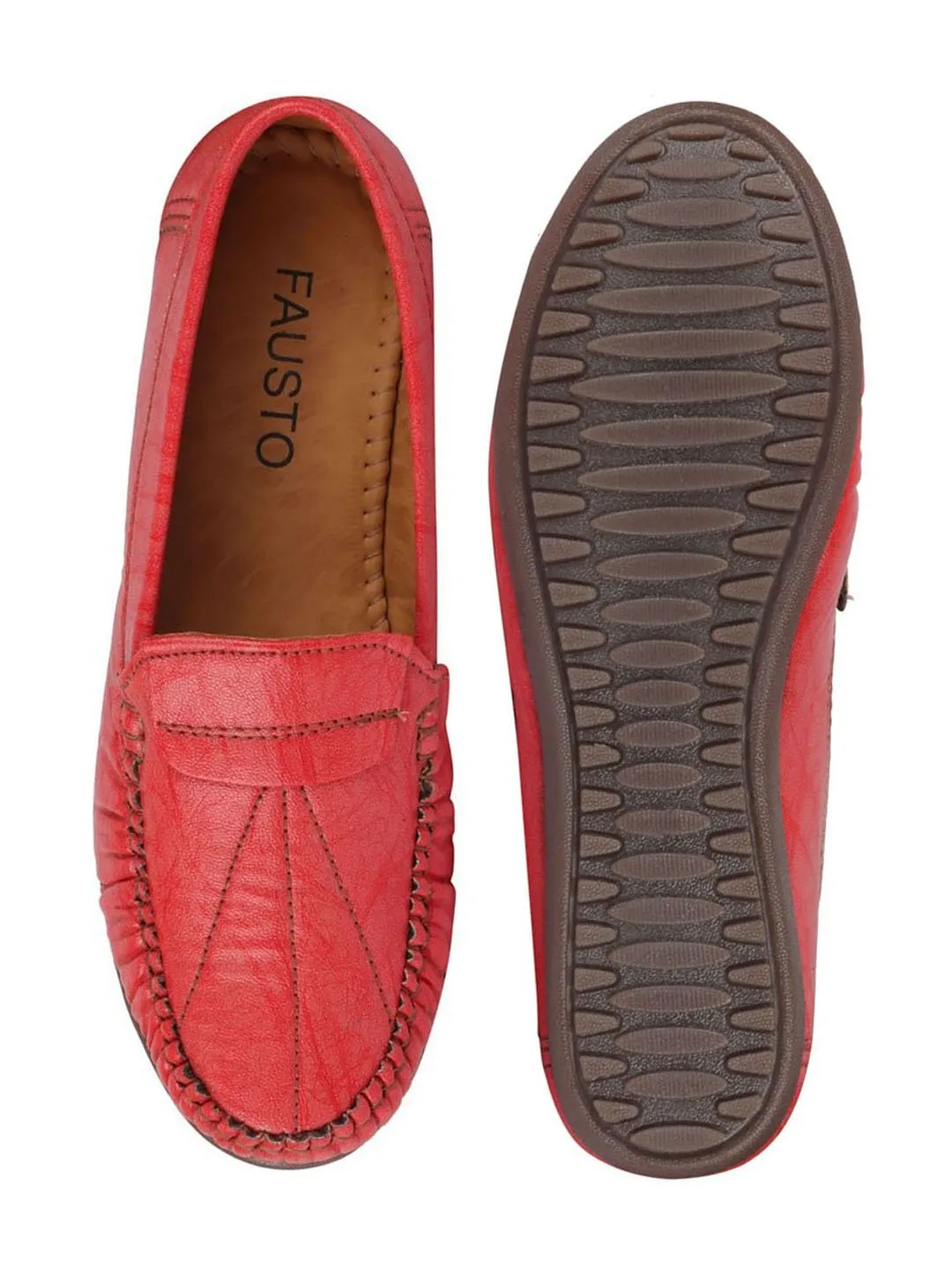 Women Red Stitched Slip On Loafers