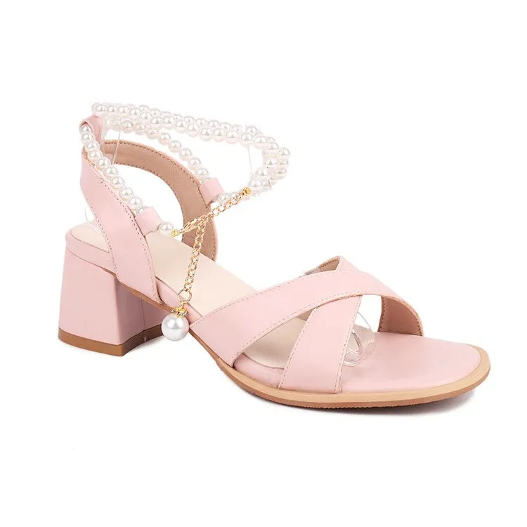 Women's Crossed Straps Pearls Beads Block Chunky Heel Sandals