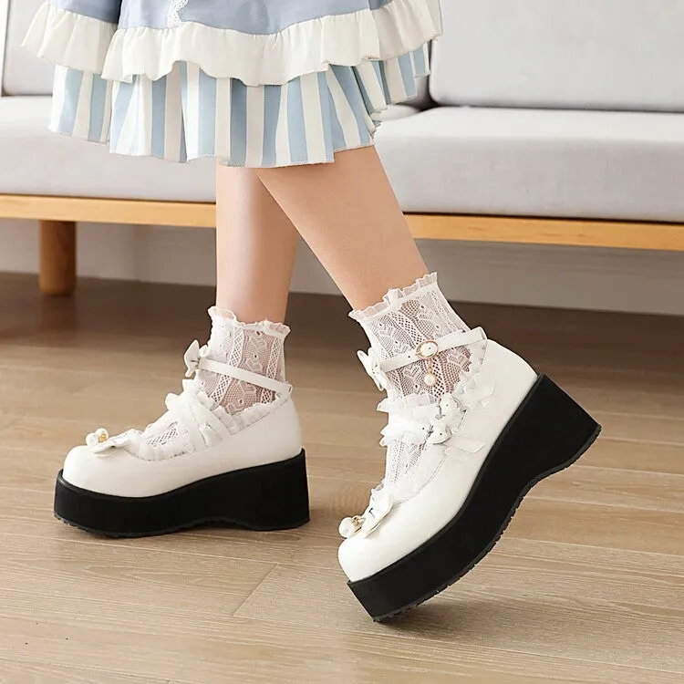 Women's Lace Bow Tie Pearls Wedge Heel Platform Pumps