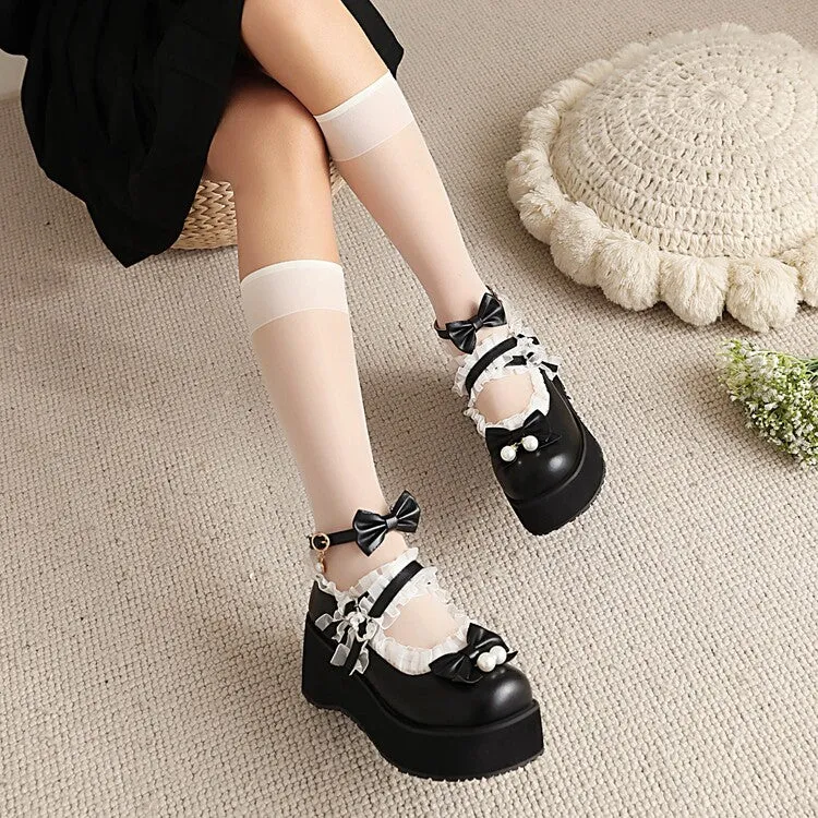 Women's Lace Bow Tie Pearls Wedge Heel Platform Pumps