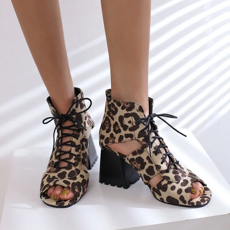 Women's Open Toe Lace-Up Cutout Block Chunky Heel Sandals