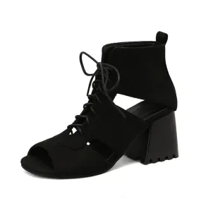 Women's Open Toe Lace-Up Cutout Block Chunky Heel Sandals