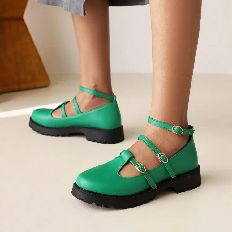 Women's Pumps Retro Round Toe T Strap Buckles Belts Puppy Heel Platform Chunky Heels Shoes