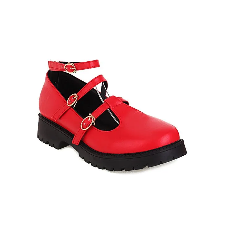 Women's Pumps Retro Round Toe T Strap Buckles Belts Puppy Heel Platform Chunky Heels Shoes