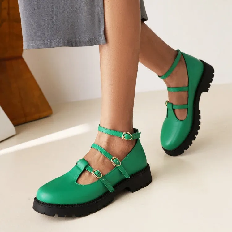 Women's Pumps Retro Round Toe T Strap Buckles Belts Puppy Heel Platform Chunky Heels Shoes