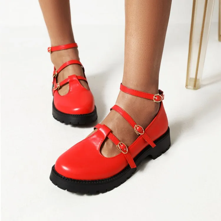 Women's Pumps Retro Round Toe T Strap Buckles Belts Puppy Heel Platform Chunky Heels Shoes