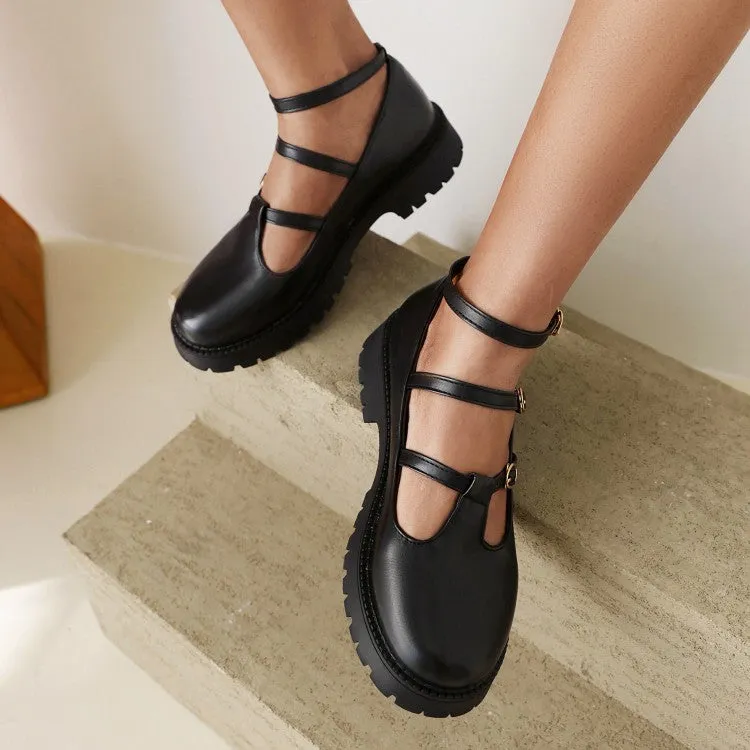 Women's Pumps Retro Round Toe T Strap Buckles Belts Puppy Heel Platform Chunky Heels Shoes