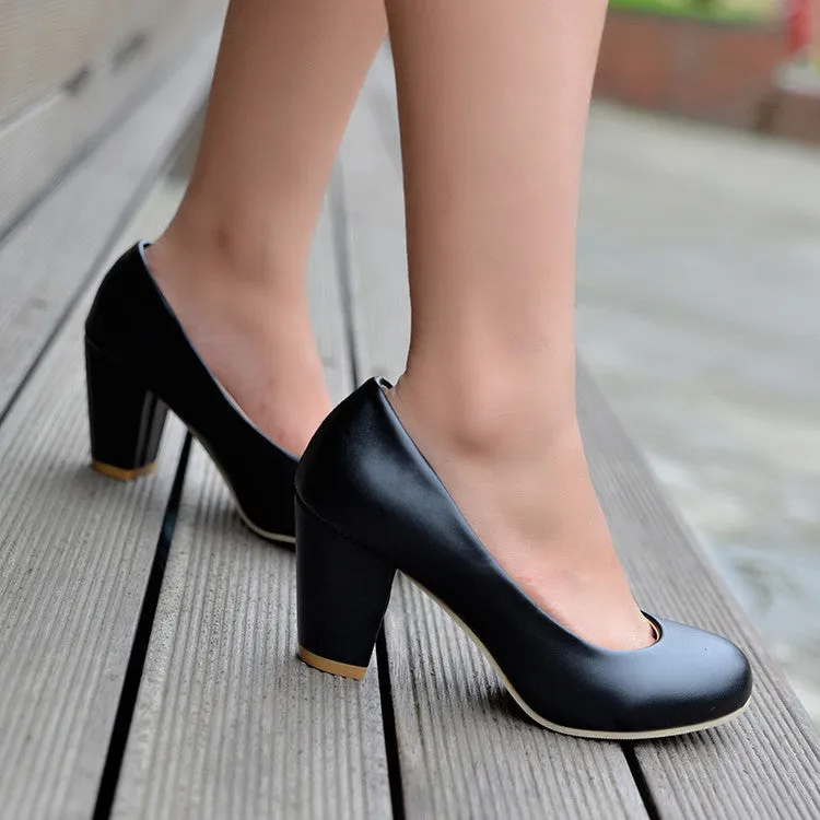 Women's Round Toe Block Heels Pumps